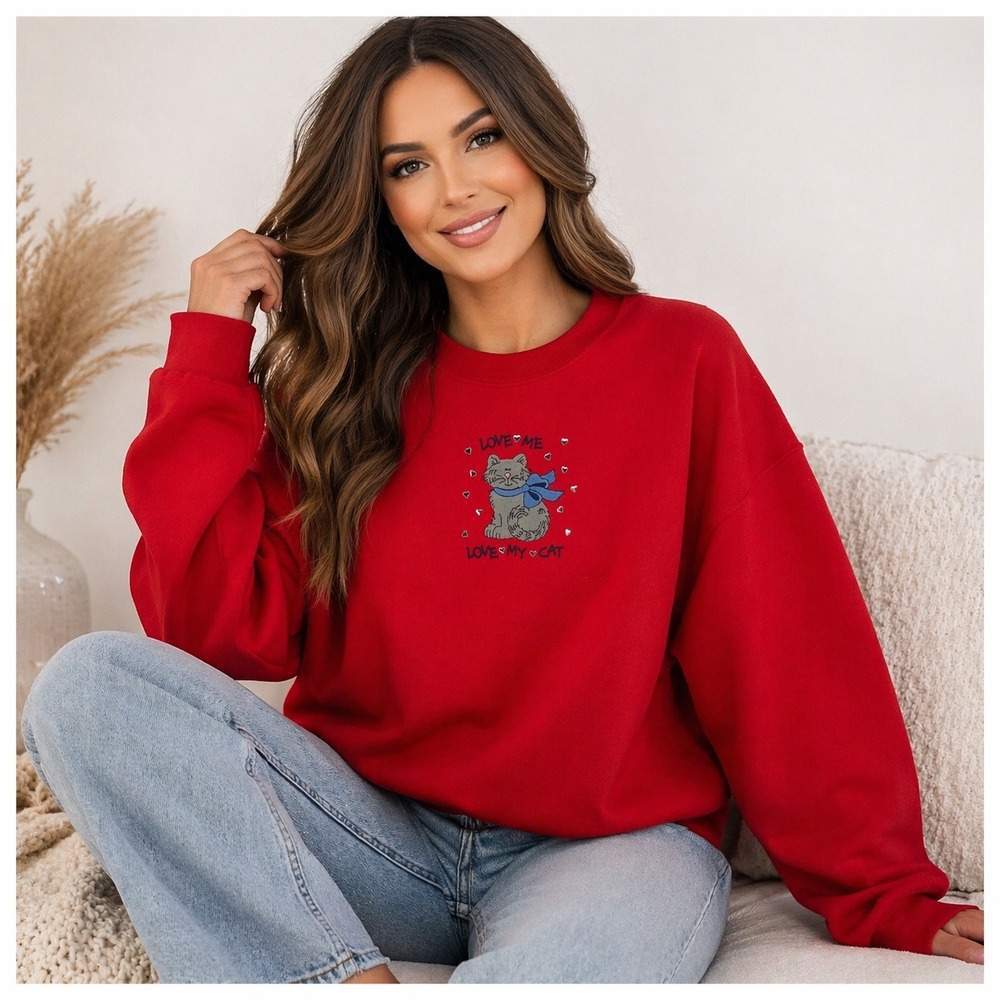 Retro Cat Sweatshirt Red Graphic Kitty Crewneck Womens L Cute 90s Style